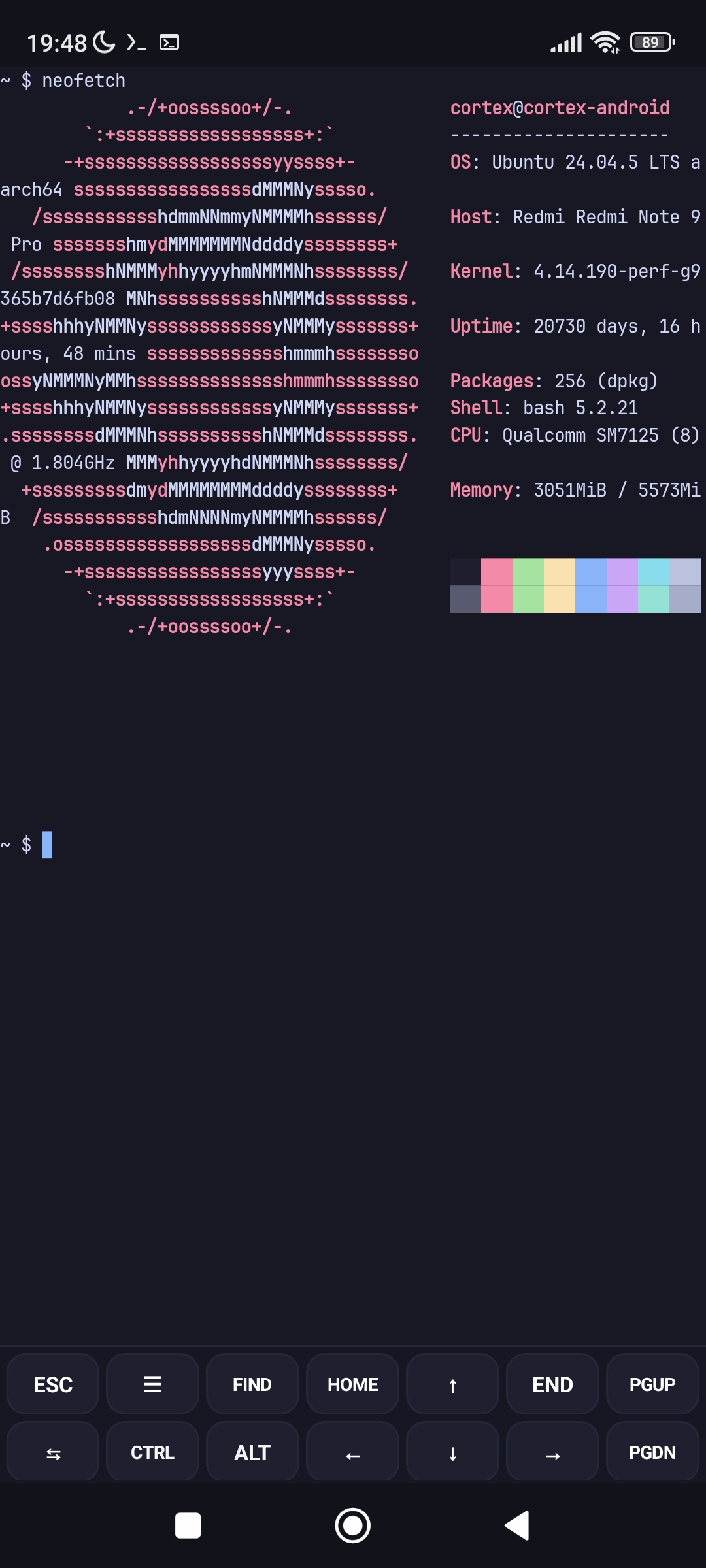 neofetch in Cortex Terminal showing Ubuntu 24.04 LTS running natively on an Android phone